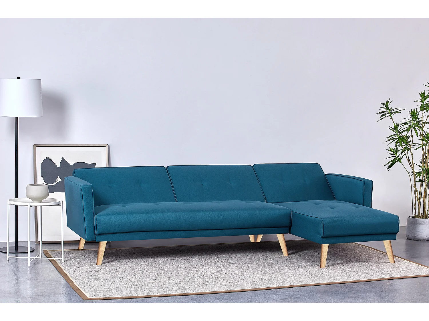 Canapé d'angle réversible et convertible 4 places en tissu bleu canard GRACE