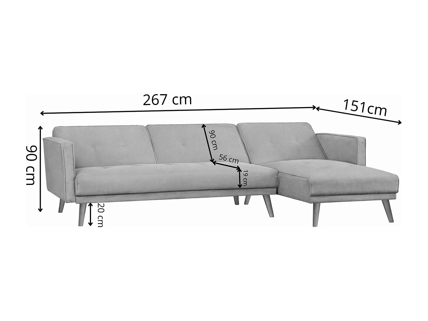 Canapé d'angle réversible et convertible 4 places en tissu bleu canard GRACE