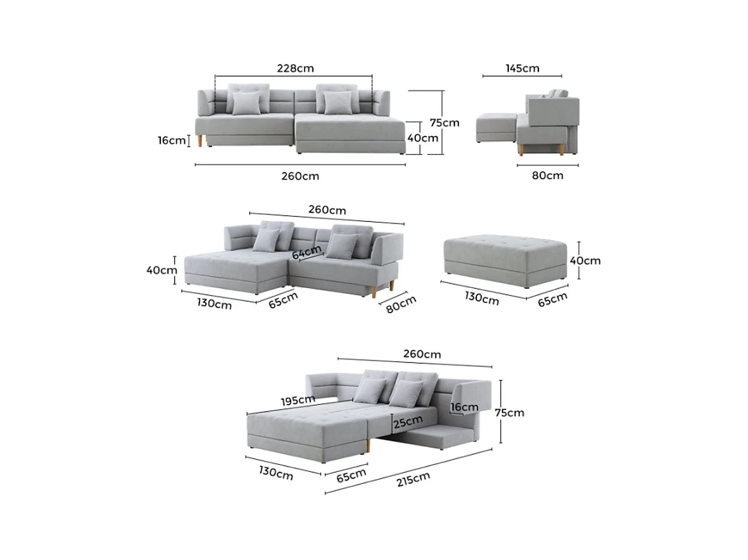 4-Sitzer-Multifunktionssofa aus Stoff, hellgrau BERGA