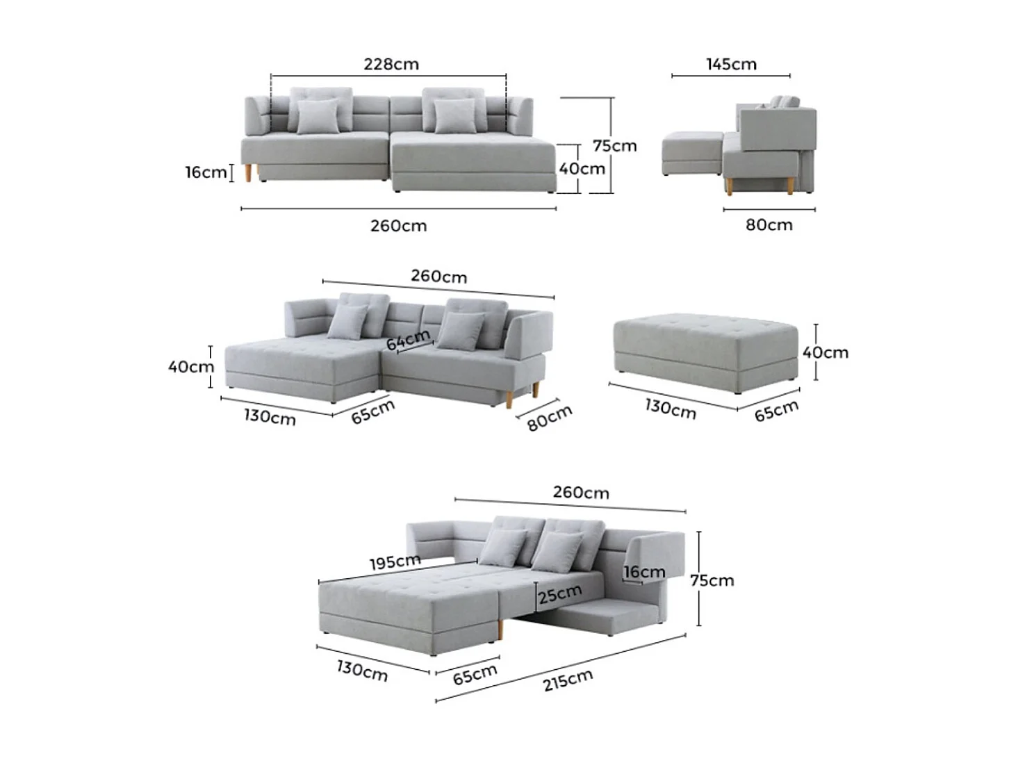 Canapé multifonction 4 places en tissu gris clair BERGA