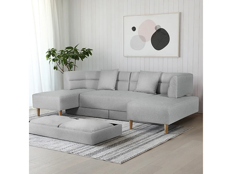 Canapé multifonction 4 places en tissu gris clair BERGA