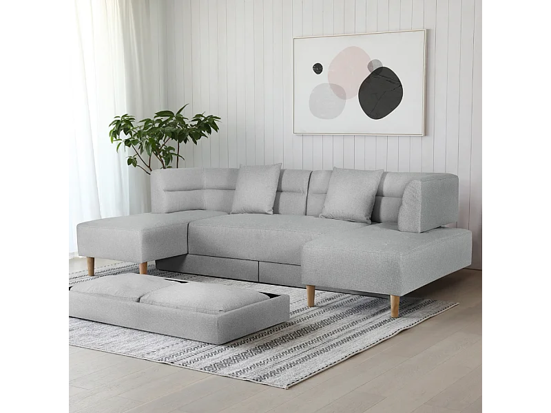 Canapé multifonction 4 places en tissu gris clair BERGA