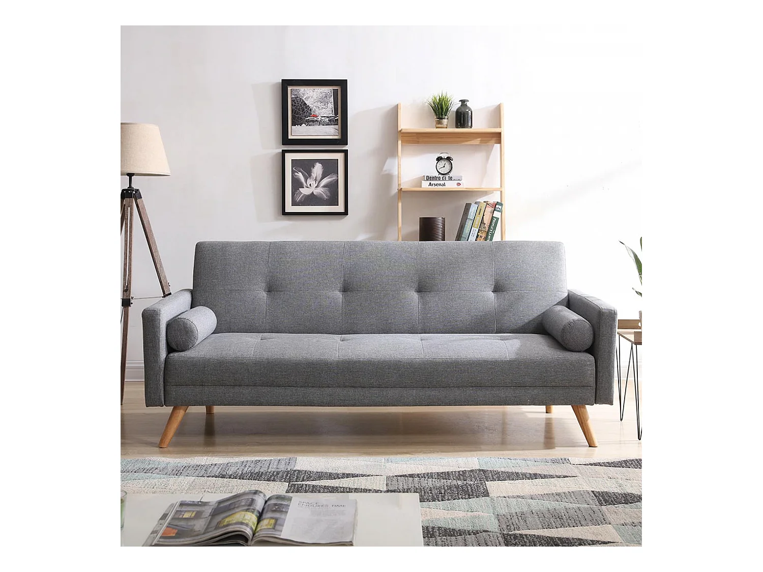 Sofá convertible 3 plazas de tela gris WOODEN