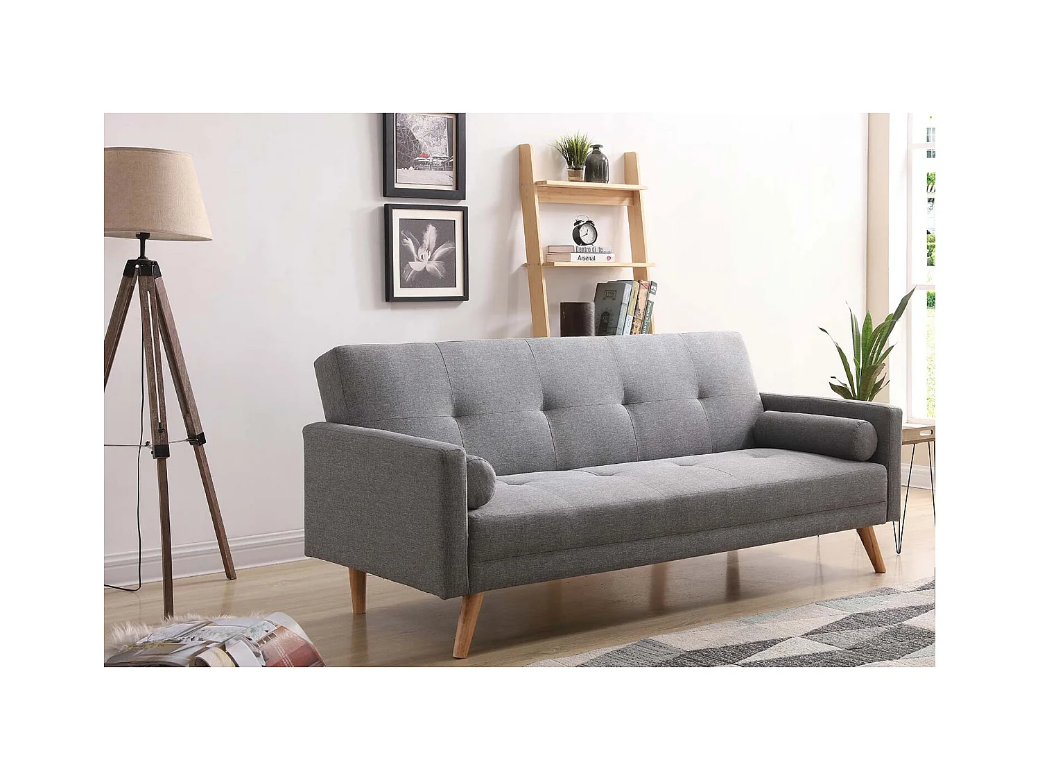 Sofá convertible 3 plazas de tela gris WOODEN