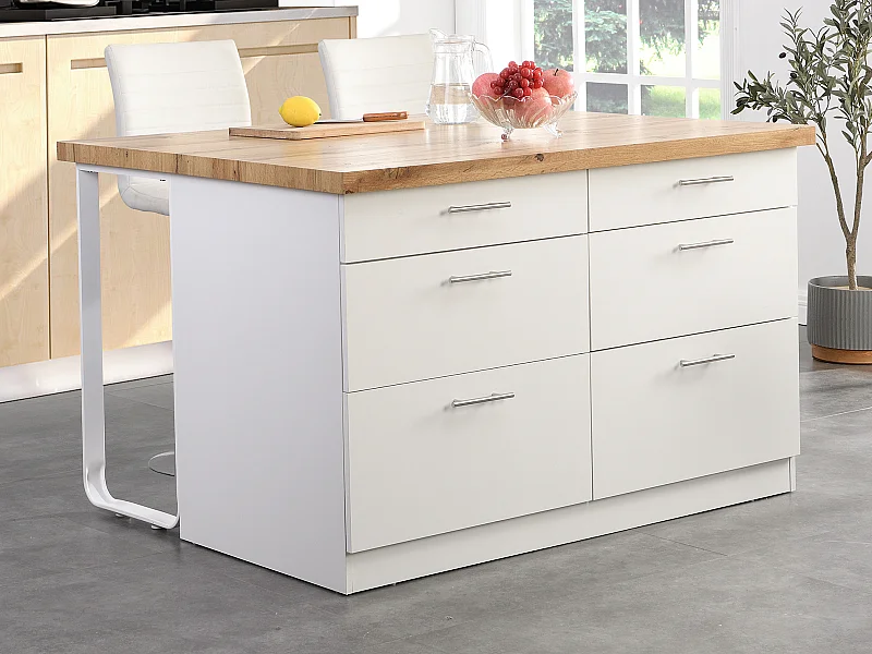 Ilot central de cuisine avec 6 tiroirs en MDF et métal - Blanc et Naturel clair - ALEGRITA