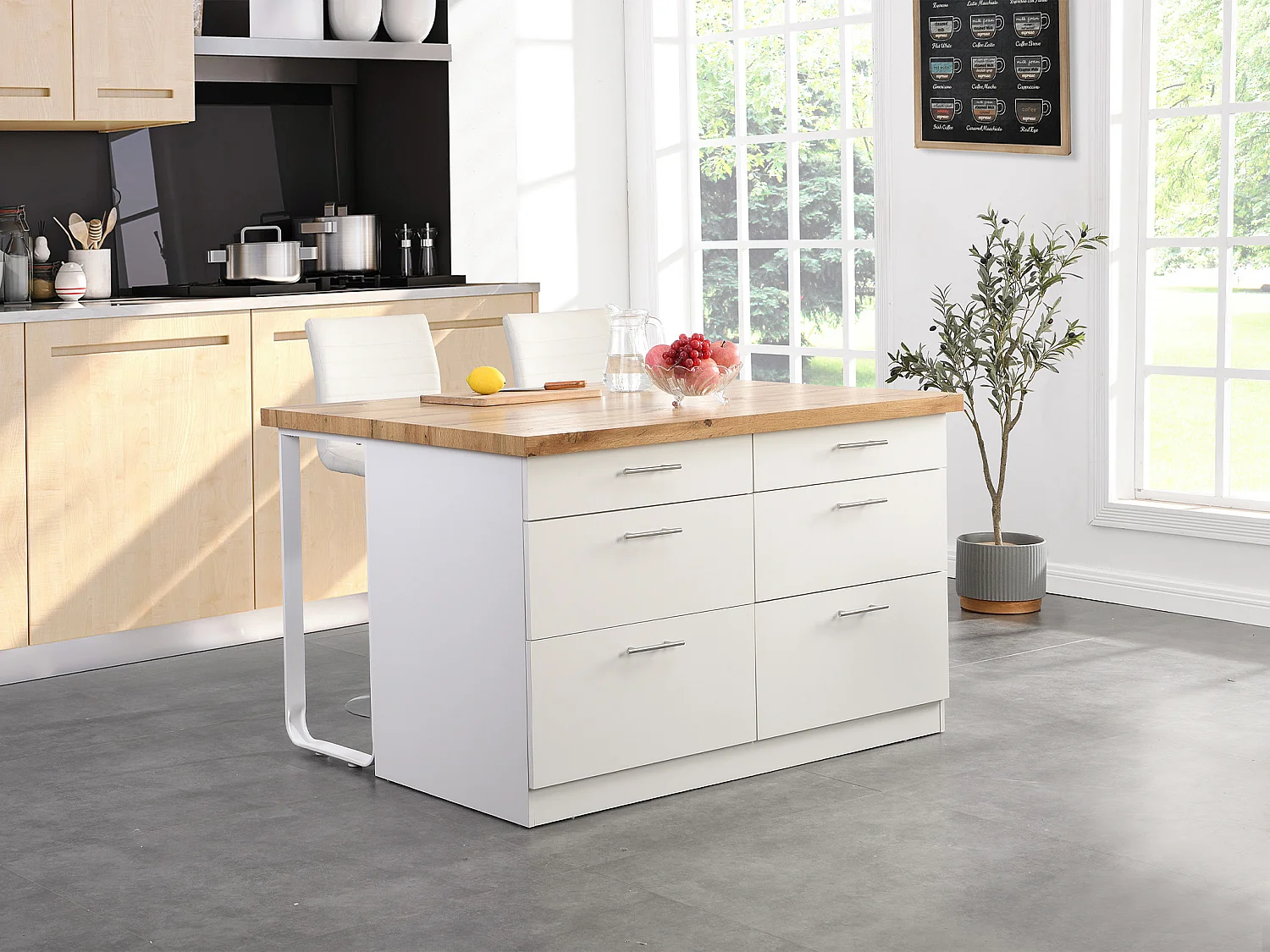 Isola centrale da cucina con 6 cassetti in MDF e Metallo Bianco e Naturale chiaro - ALEGRITA