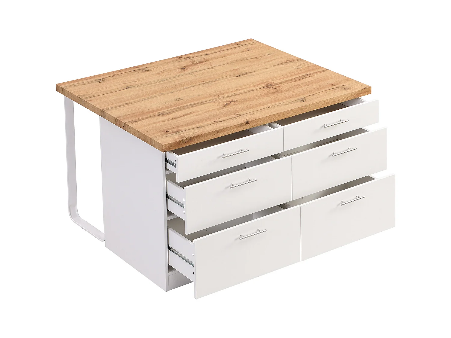 Isla central de cocina con 6 cajones de MDF y metal - Blanco y Natural claro - ALEGRITA