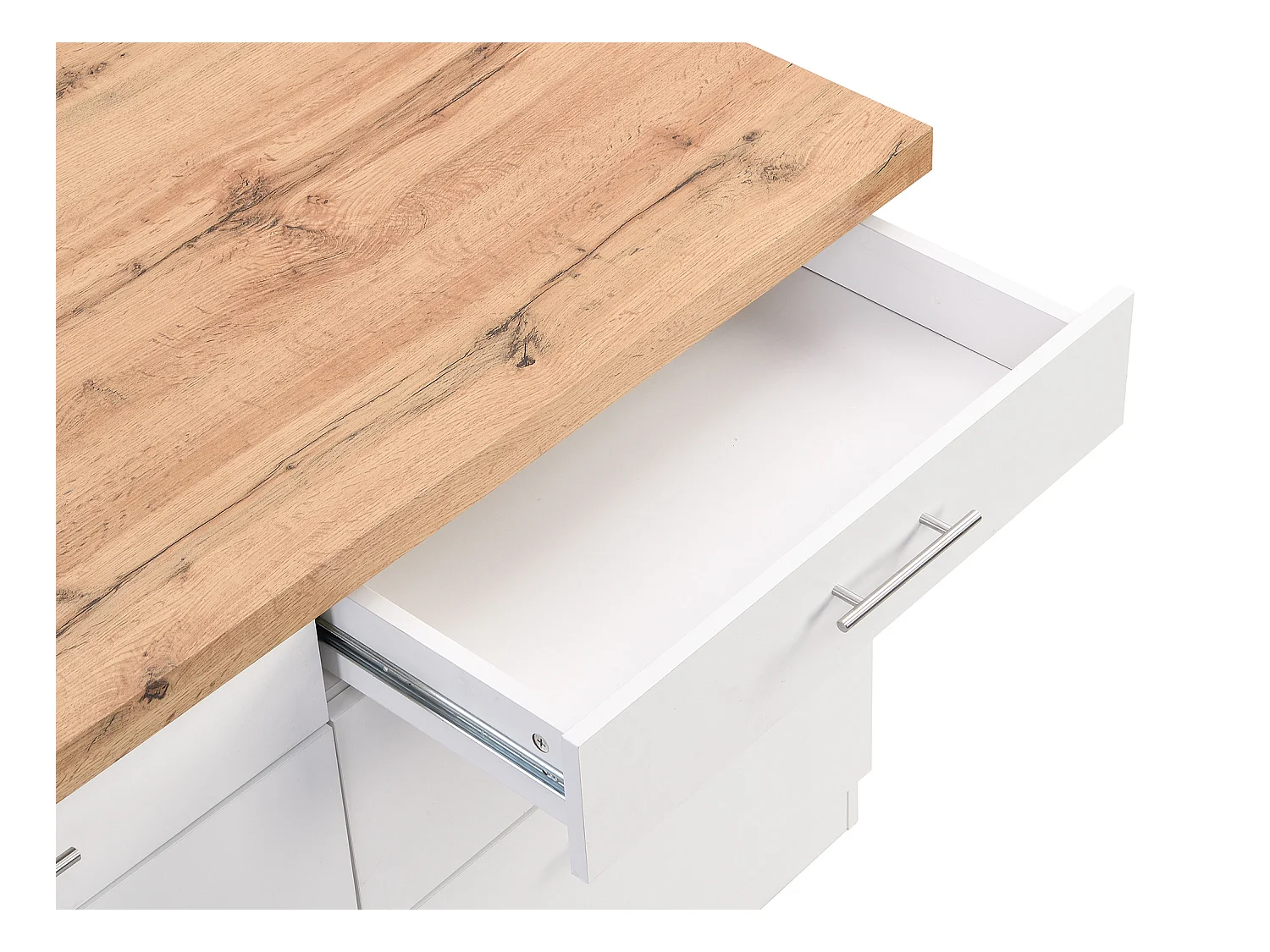 Isla central de cocina con 6 cajones de MDF y metal - Blanco y Natural claro - ALEGRITA