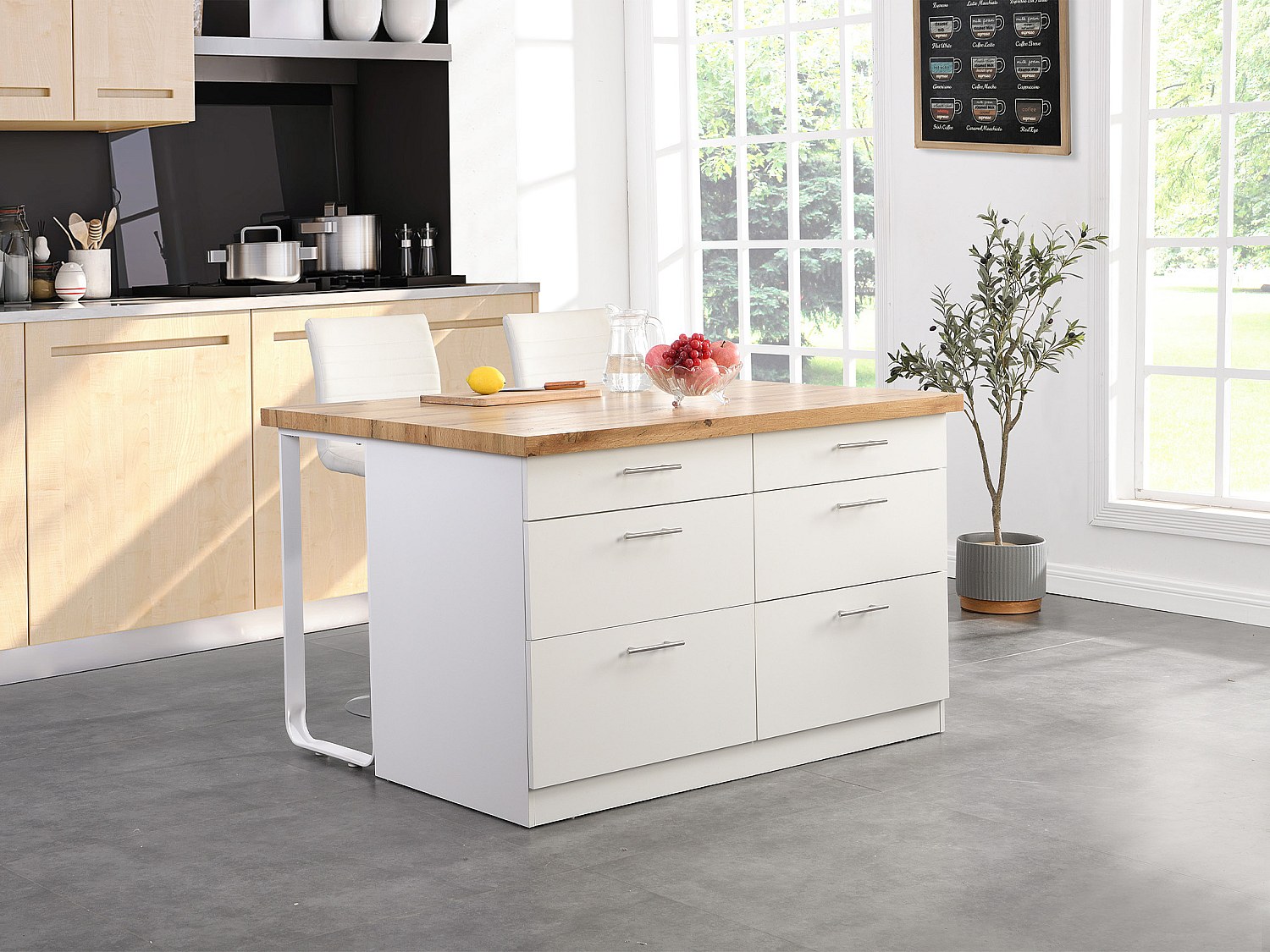 Vente-unique Kücheninsel Mit 6 Schubladen Aus Mdf & Metall - Weiß & Holzfarben Hell - Alegrita