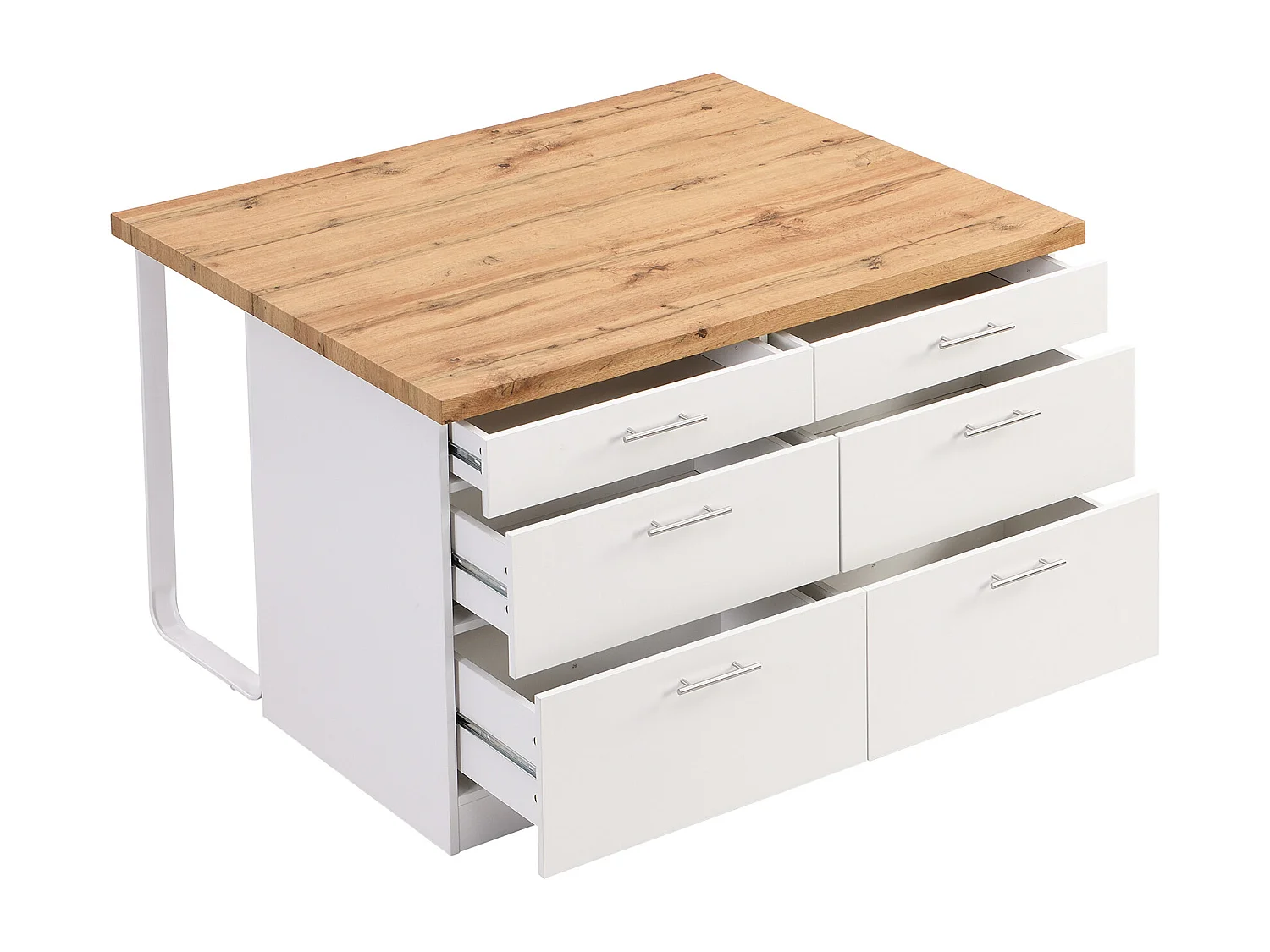 Ilot central de cuisine avec 6 tiroirs en MDF et métal - Blanc et Naturel clair - ALEGRITA