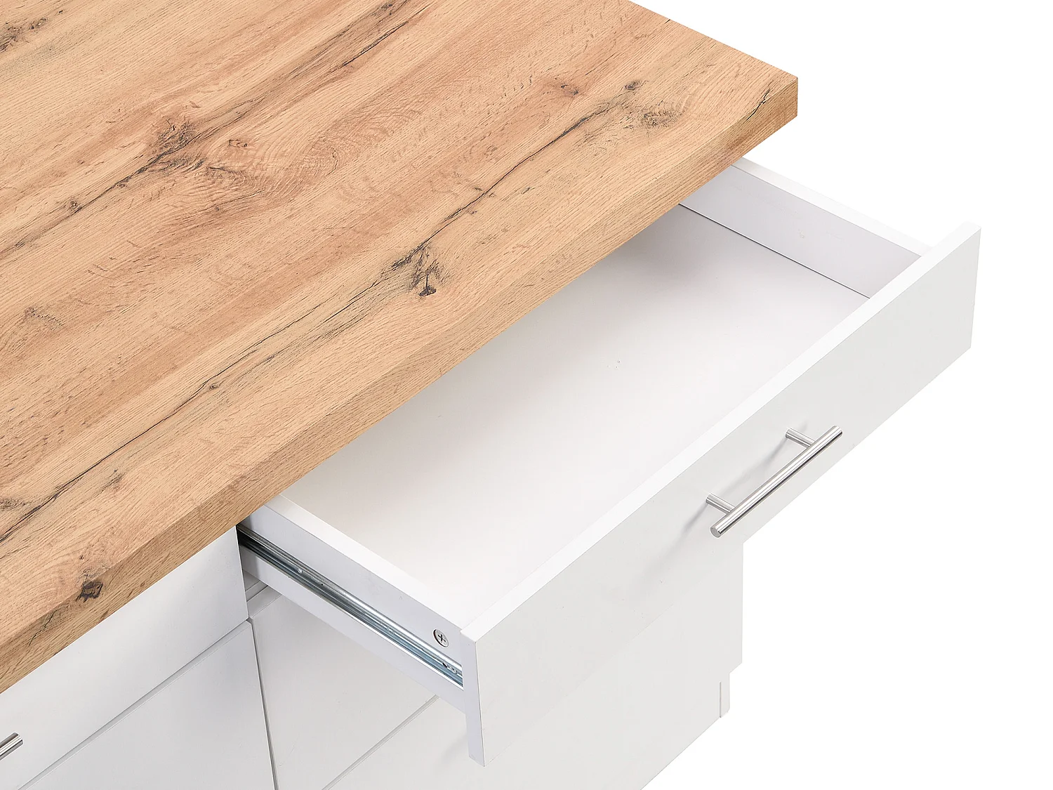 Ilot central de cuisine avec 6 tiroirs en MDF et métal - Blanc et Naturel clair - ALEGRITA