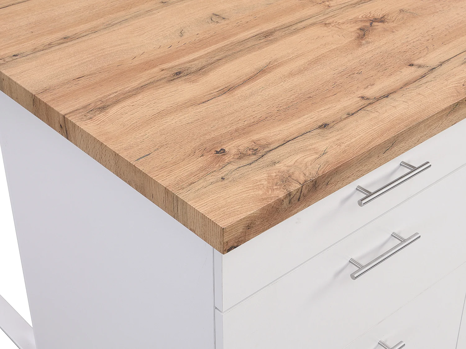 Ilot central de cuisine avec 6 tiroirs en MDF et métal - Blanc et Naturel clair - ALEGRITA