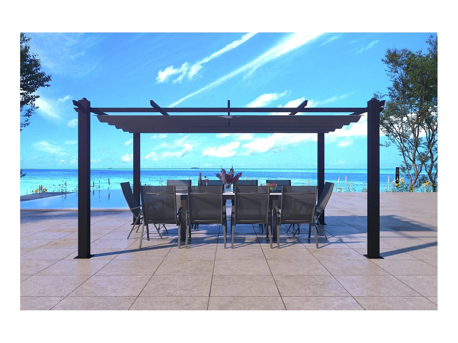 Vrijstaande Pergola 4x3m met uitschuifbaar doek NILA Grijs Aluminium Polyester
