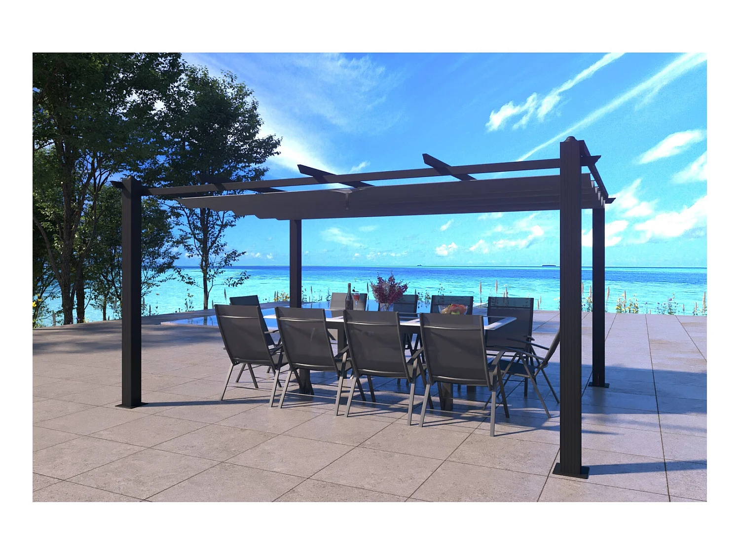 Pergola auto-portée 3 x 4 m avec toile rétractable grise NILA