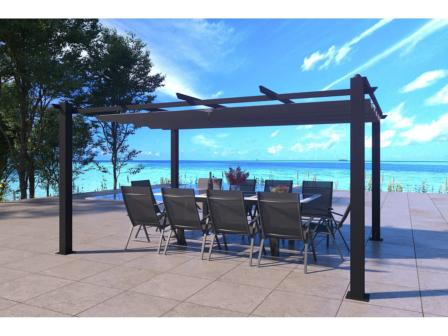 Vrijstaande Pergola 4x3m met uitschuifbaar doek NILA Grijs Aluminium Polyester