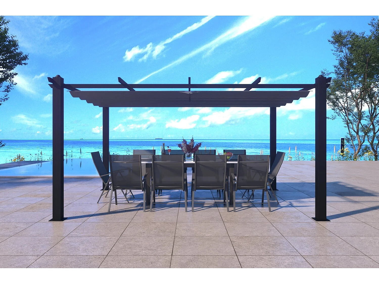 Vrijstaande Pergola 4x3m met uitschuifbaar doek NILA Grijs Aluminium Polyester