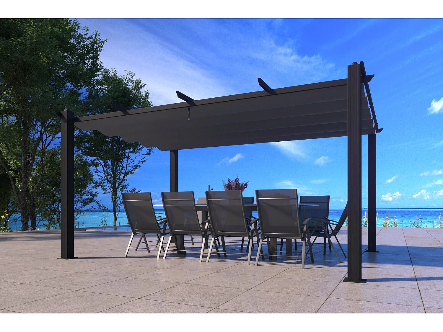Vrijstaande Pergola 4x3m met uitschuifbaar doek NILA Grijs Aluminium Polyester