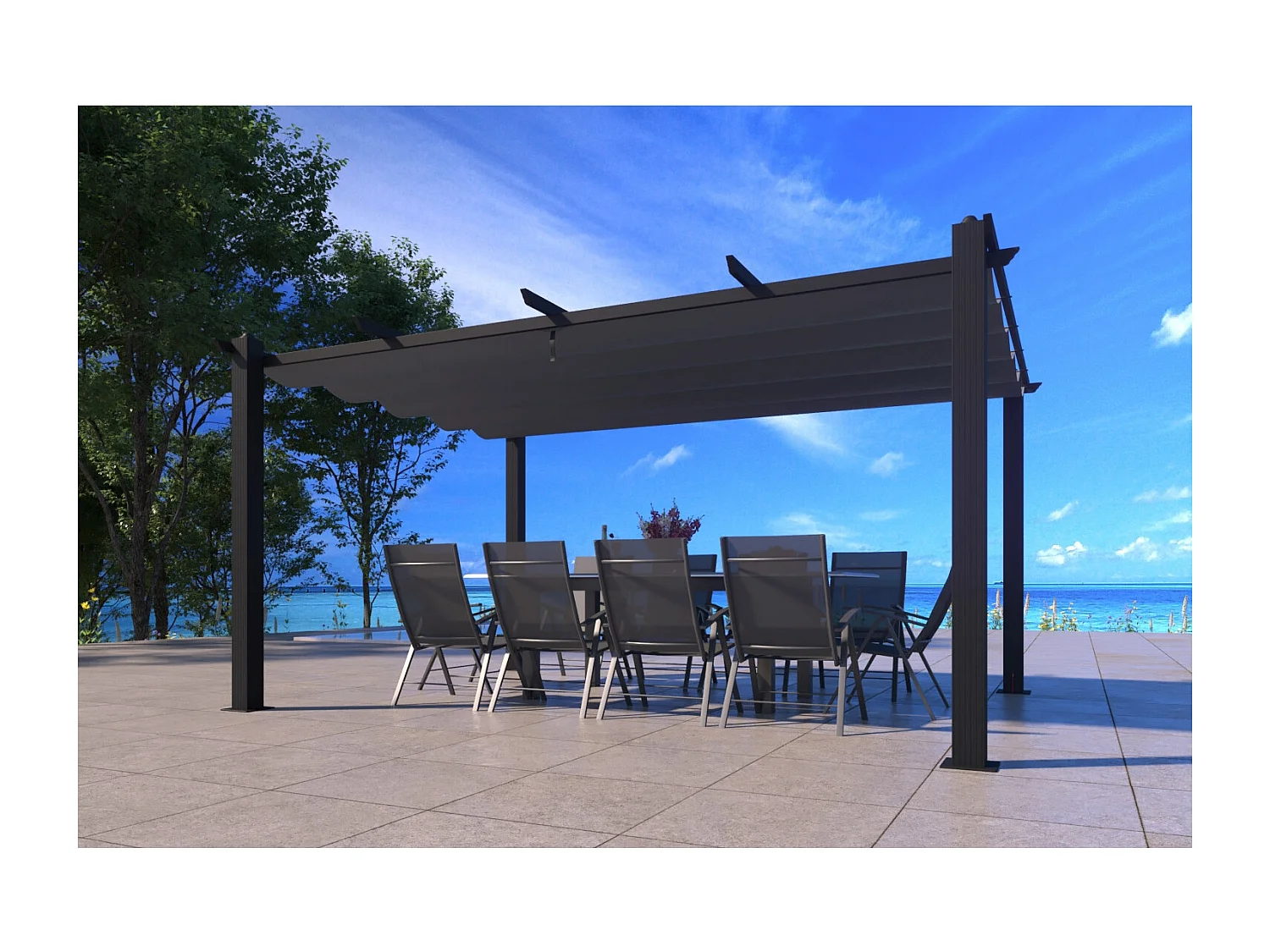 Pergola auto-portée 3 x 4 m avec toile rétractable grise NILA