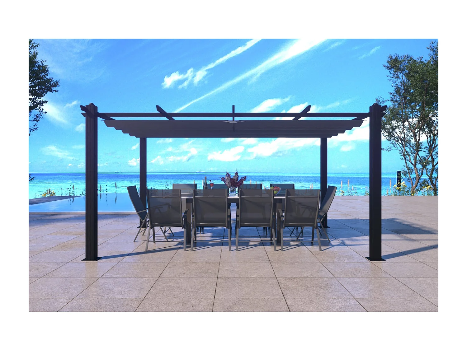 Pergola auto-portée 3 x 4 m avec toile rétractable grise NILA