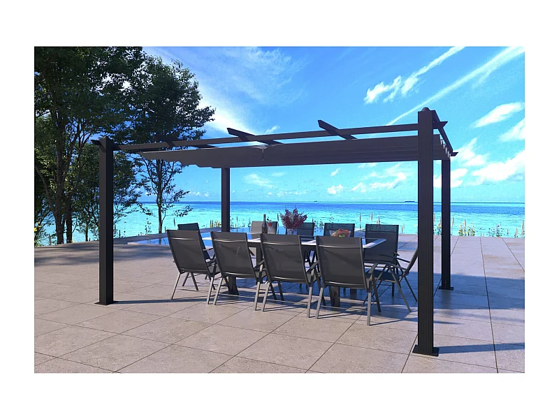 Pergola auto-portée 3 x 4 m avec toile rétractable grise NILA