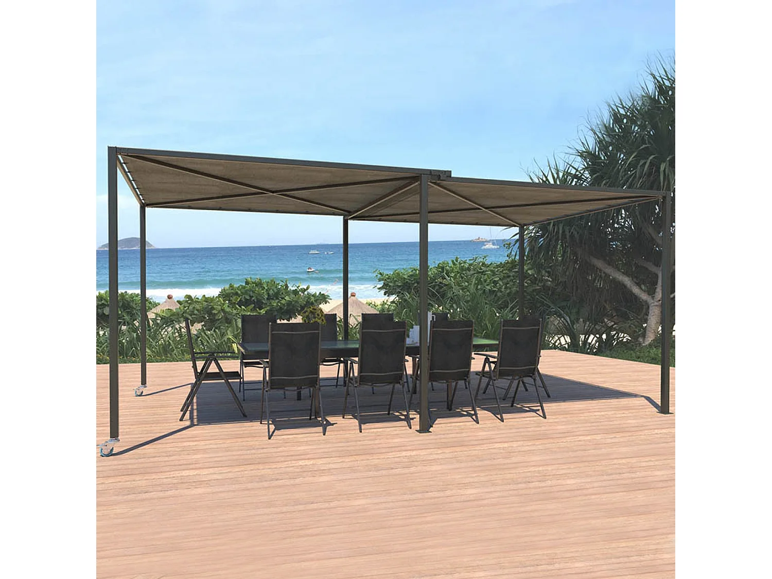 Pérgola corredera de 5,5x2,5 m con ruedas gris y gris topo GIBARA