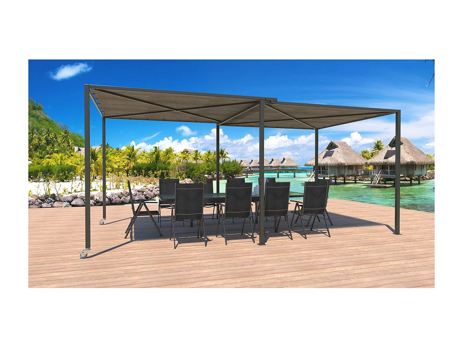 Pérgola corredera de 5,5x2,5 m con ruedas gris y gris topo GIBARA