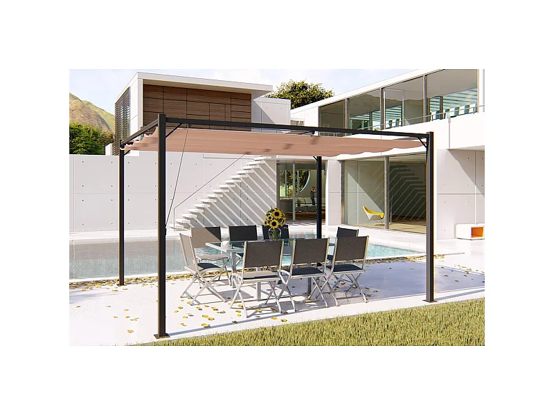 Freistehende Gartenlaube 3 x 4 m aus Stahl und taupefarbenem Stoff TUSA