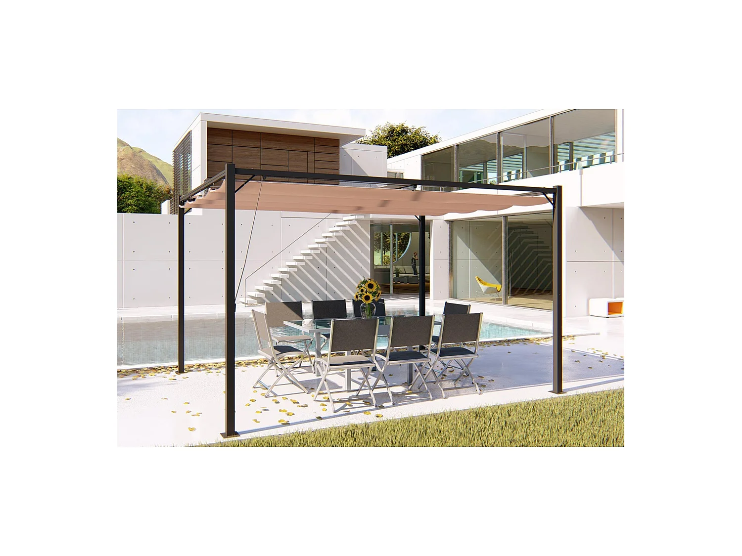 Pergola autoportante 3 x 4m avec toile en polyester taupe TUSA