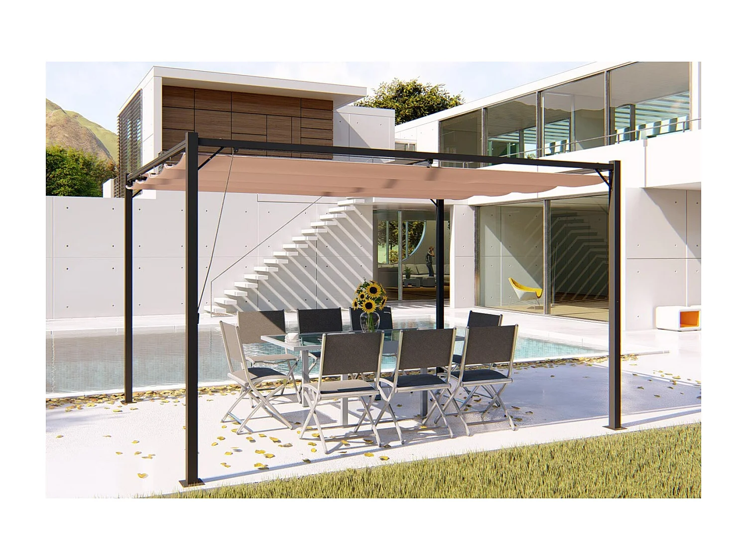 Pergola autoportante 3 x 4m avec toile en polyester taupe TUSA