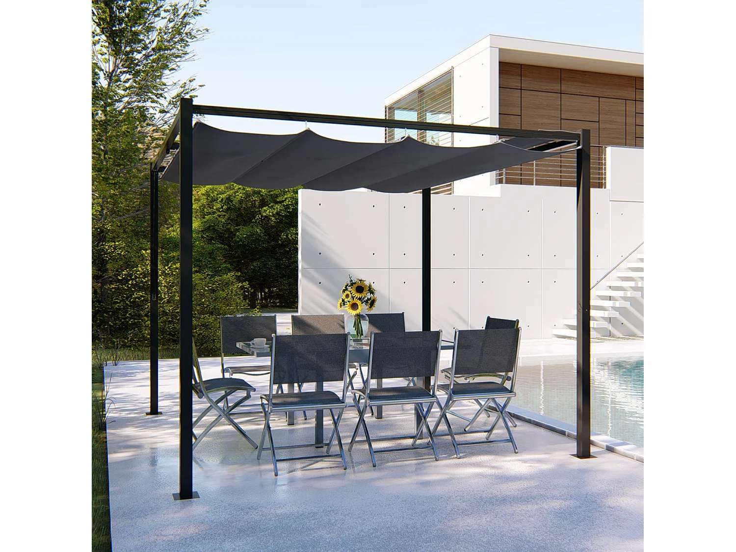 Pergola autoportante 3 x 3 m en acier avec toile grise TUSA