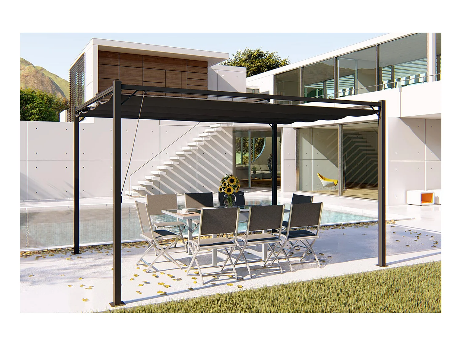 Pérgola Autoportante 3x4m Cinza TUSA em Poliéster - Conforto Ótimo para Jardim e Refeições em Família
