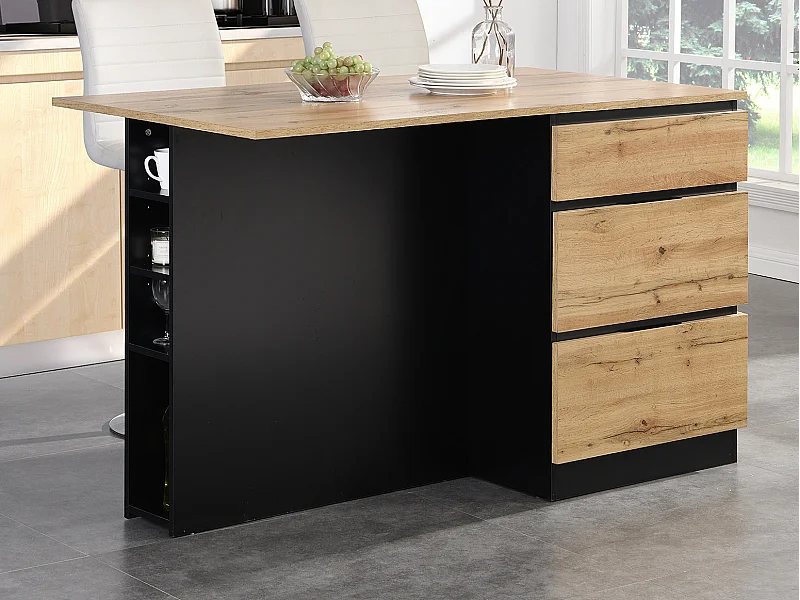 Ilot central de cuisine avec 6 tiroirs et 4 niches en MDF - Naturel clair et Noir - POMARELA