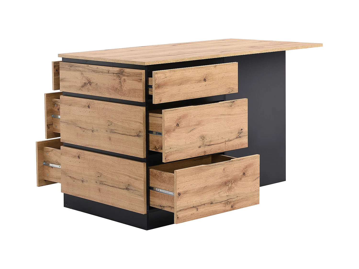 Wyspa kuchenna z 6 szufladami i 4 półkami MDF - Naturalny jasny i Czarny - POMARELA