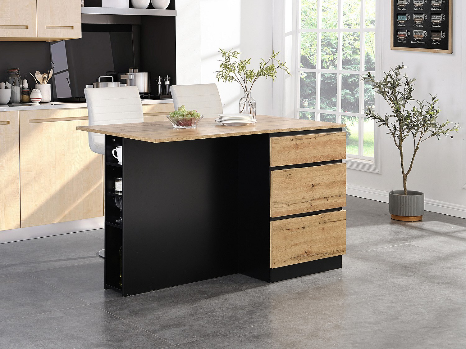 Vente-unique Kücheninsel Mit 6 Schubladen & 4 Ablagefächern Aus Mdf - Holzfarben Hell & Schwarz - Pomarela