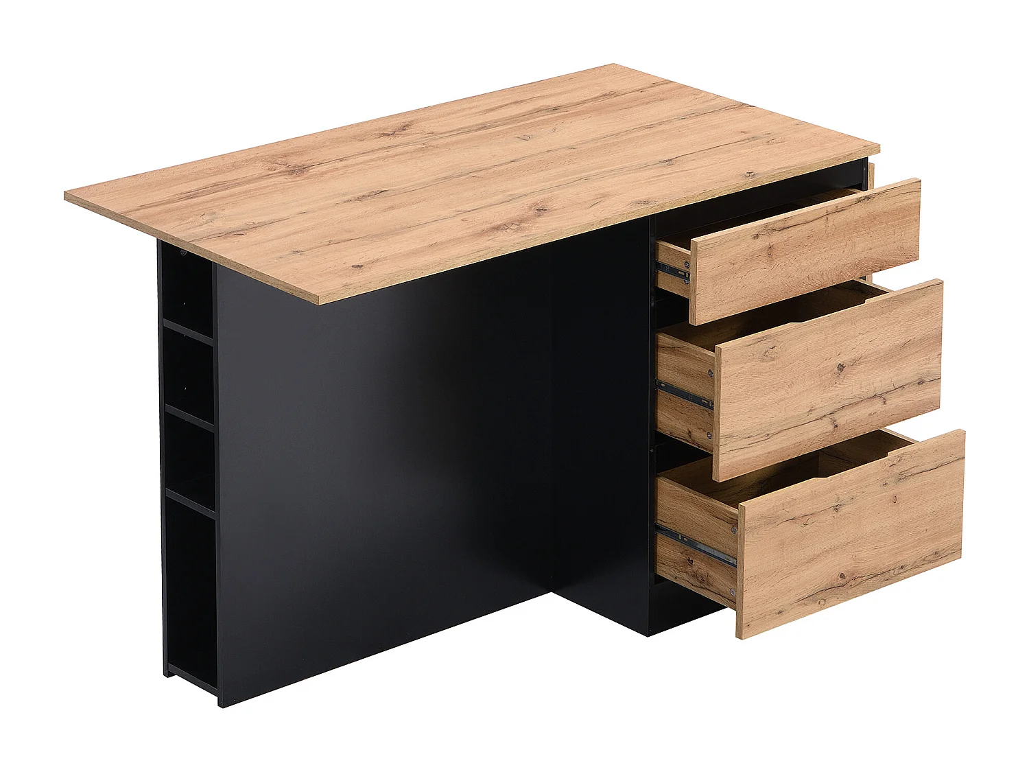 Ilot central de cuisine avec 6 tiroirs et 4 niches en MDF - Naturel clair et Noir - POMARELA