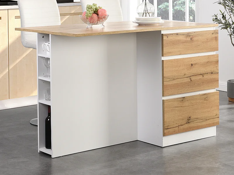 Ilot central de cuisine avec 6 tiroirs et 4 niches en MDF - Naturel clair et Blanc - POMARELA