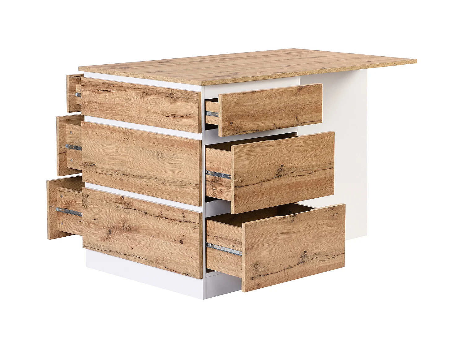 Kücheninsel mit 6 Schubladen & 4 Ablagefächern aus MDF - Holzfarben hell & Weiß - POMARELA