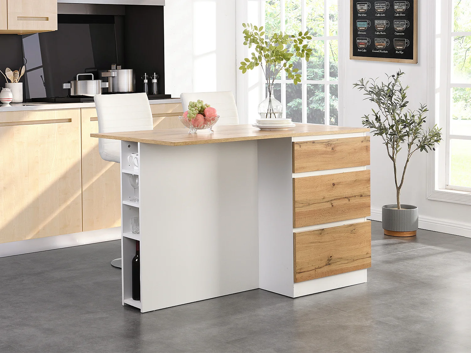 Ilot central de cuisine avec 6 tiroirs et 4 niches en MDF - Naturel clair et Blanc - POMARELA