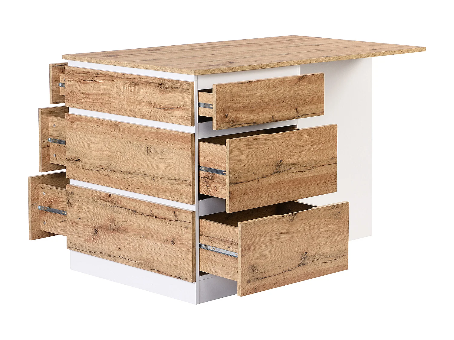 Centraal keukeneiland met 6 lades en 4 nissen van mdf - Licht naturel en wit - POMARELA