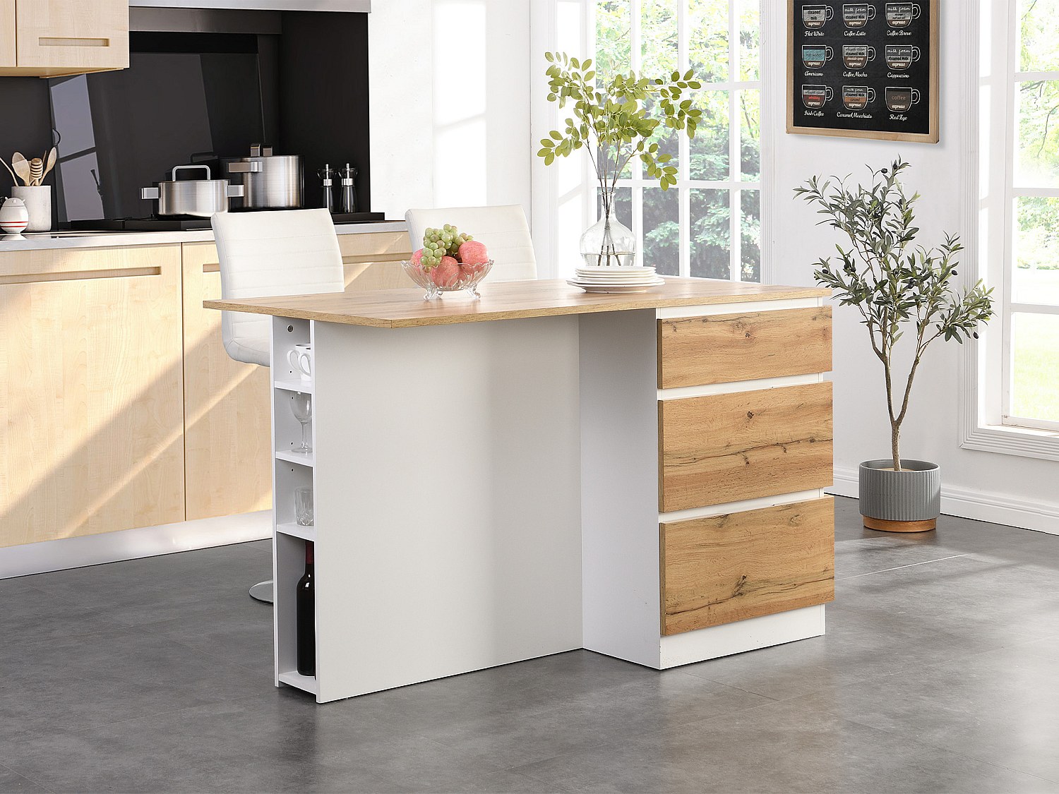Vente-unique Kücheninsel Mit 6 Schubladen & 4 Ablagefächern Aus Mdf - Holzfarben Hell & Weiß - Pomarela