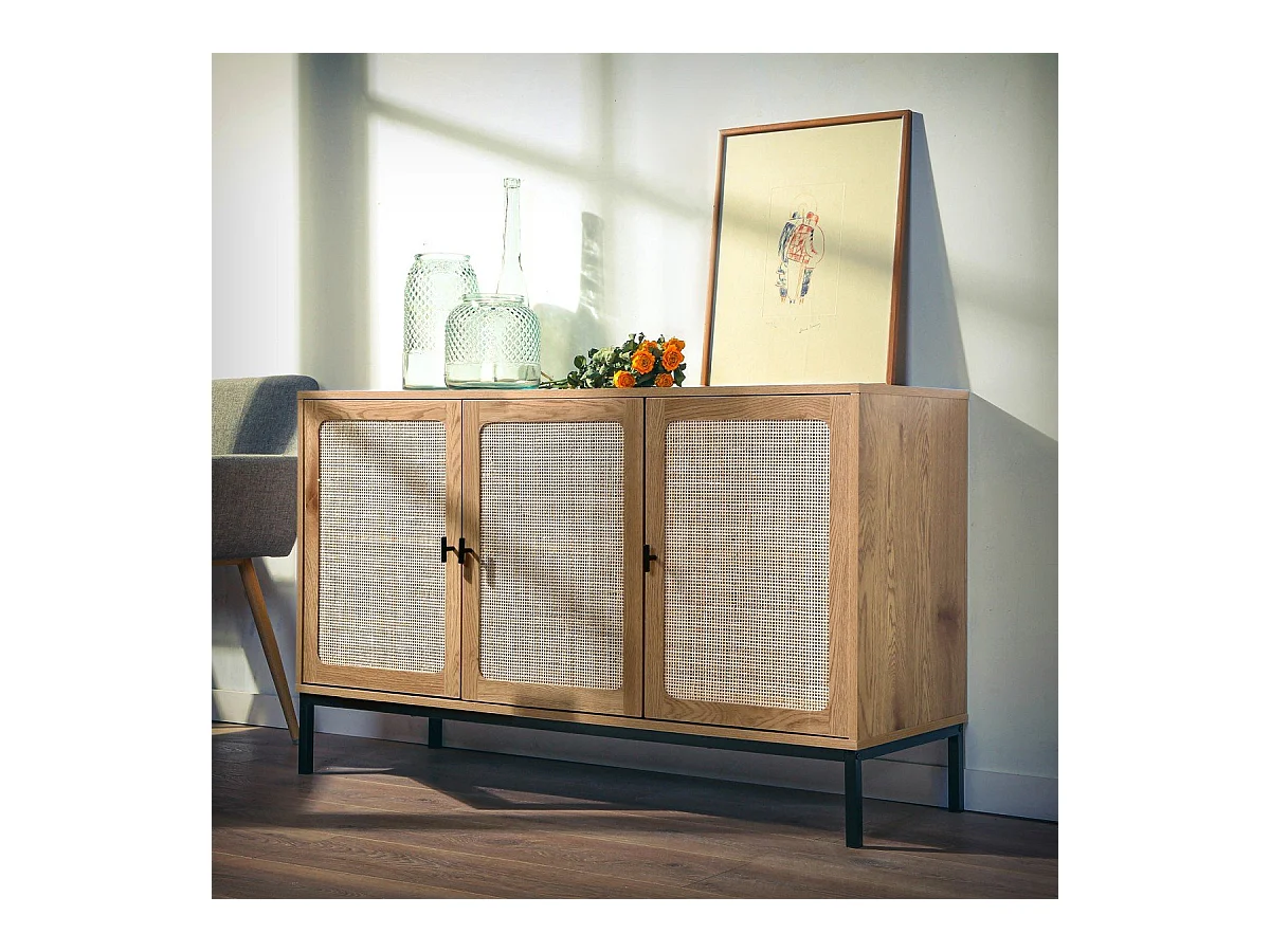 Aparador con 3 puertas de caña de ratán - L120 cm