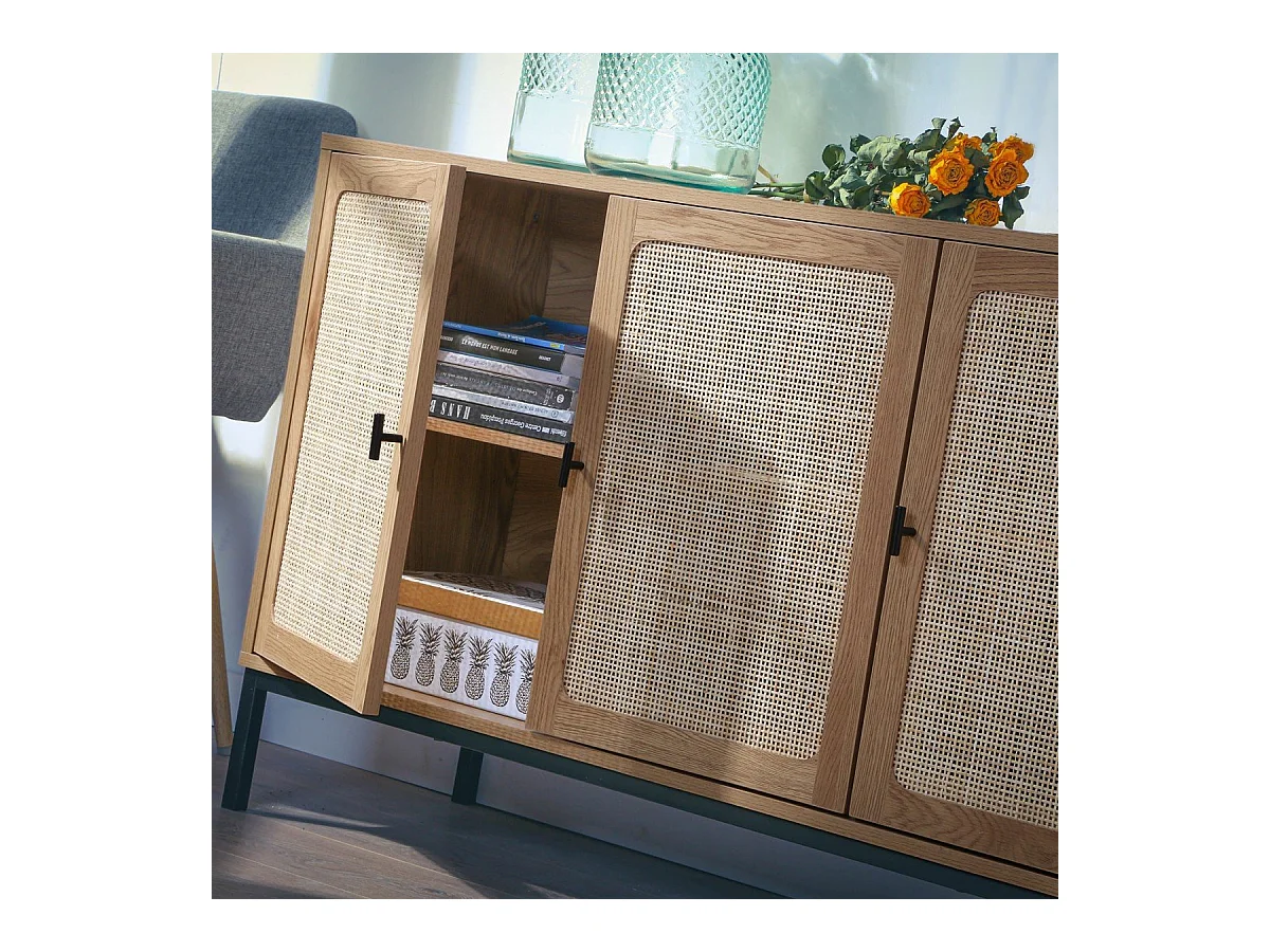 Aparador con 3 puertas de caña de ratán - L120 cm