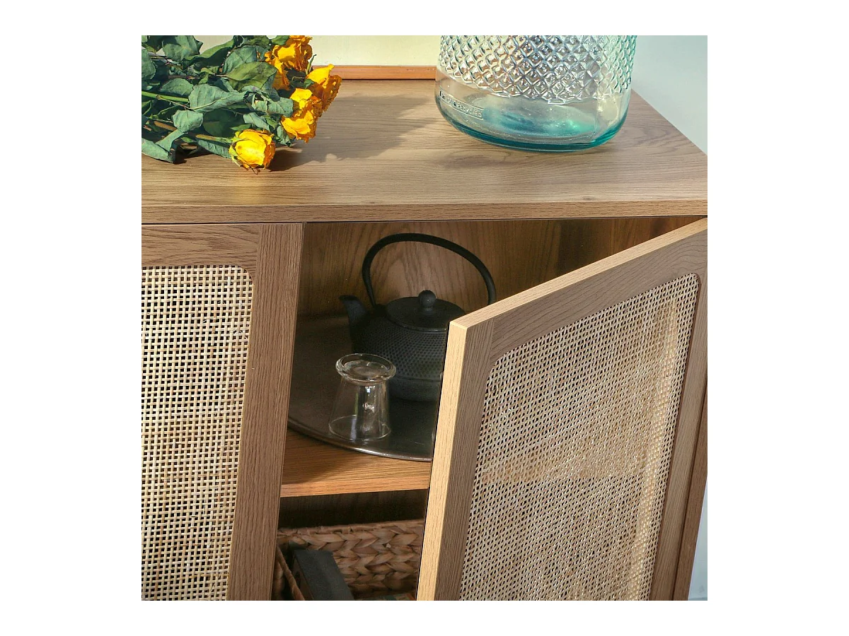 Aparador con 3 puertas de caña de ratán - L120 cm