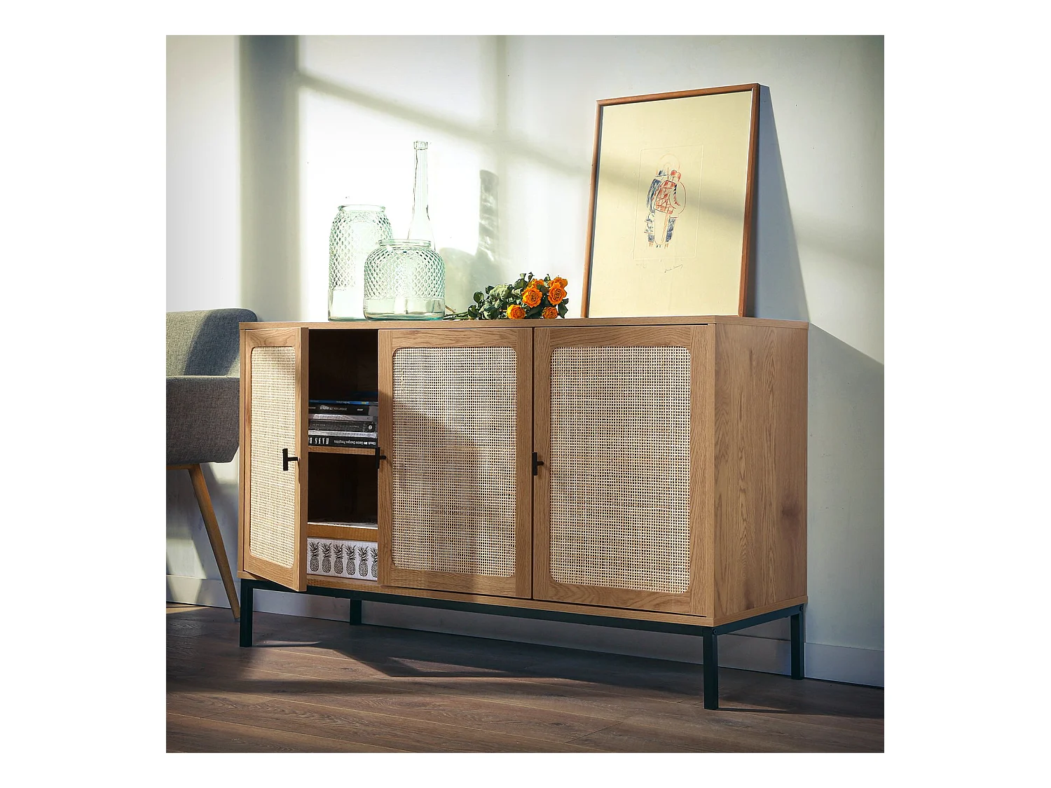 Aparador con 3 puertas de caña de ratán - L120 cm