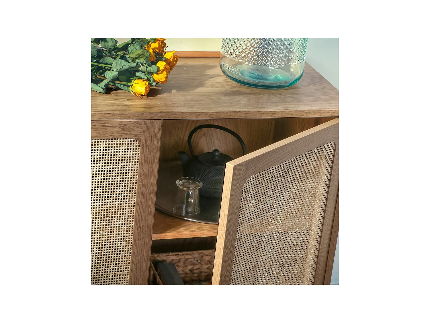 Aparador con 3 puertas de caña de ratán - L120 cm