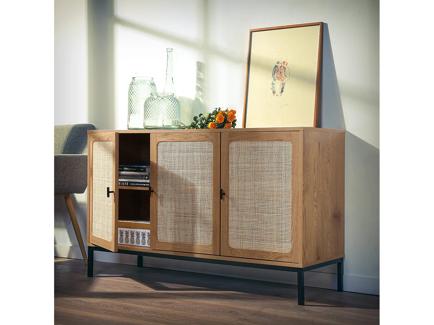 Buffet 3 Portes Cannage Rotin L120 cm - JAYA