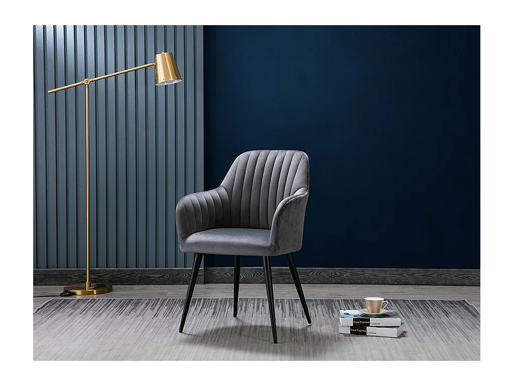 Lot de 6 chaises avec accoudoirs en velours et métal noir - Gris - ELEANA