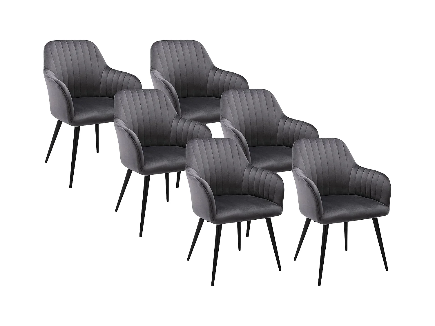 Conjunto de 6 cadeiras com apoios de braços em veludo e metal preto, cor cinzenta - ELEANA