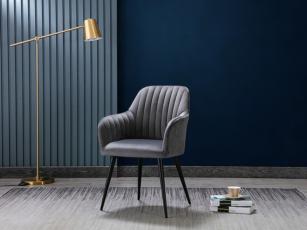 Stuhl mit Armlehnen 6er-Set - Samt & Metall schwarz - Grau - ELEANA günstig online kaufen