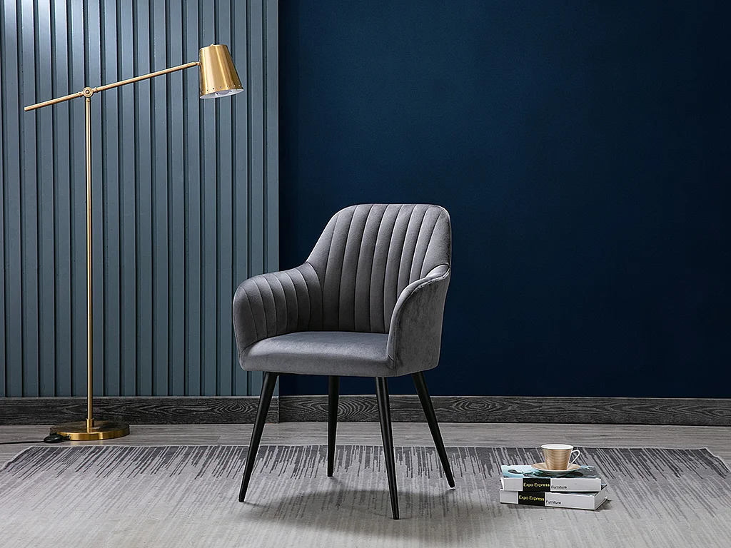 Lot de 6 chaises avec accoudoirs en velours et métal noir - Gris - ELEANA